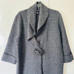 Elena Solano 100% Wool Herringbone Pattern Gray Sweater Coat knit Rosette Sz 1X